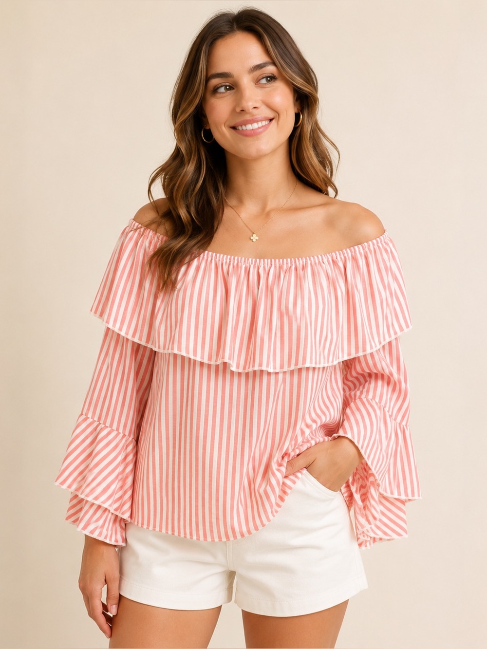 HYFVE Pink and White Striped Off-Shoulder Ruffle Blouse